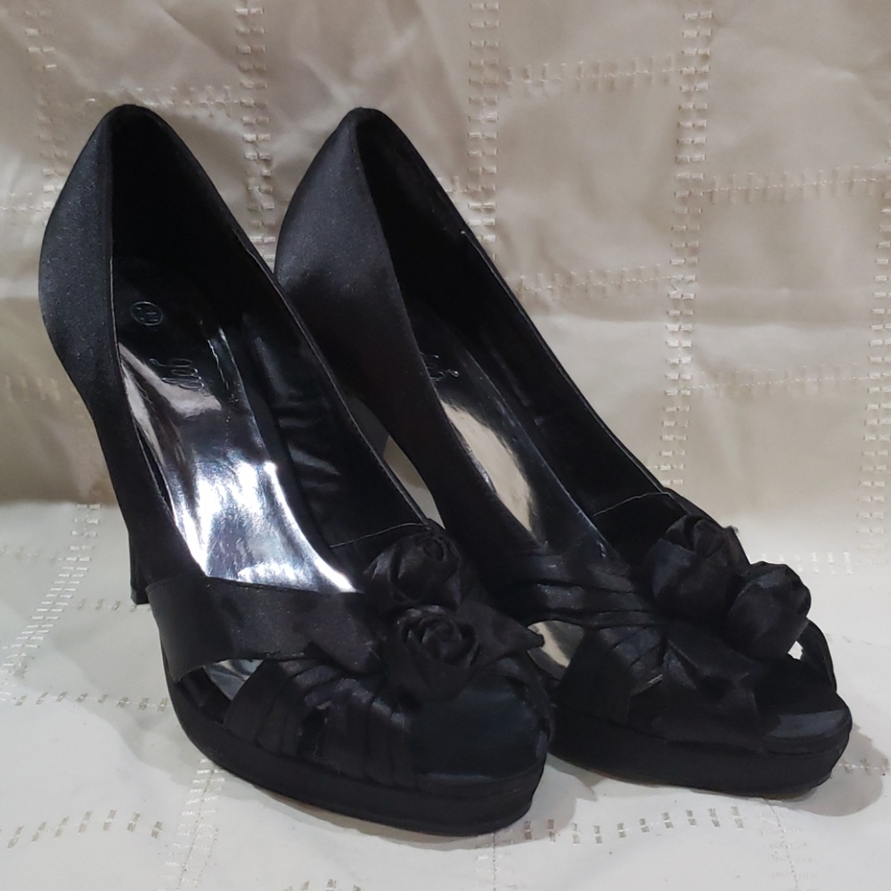 Deb high heel black satin shoes